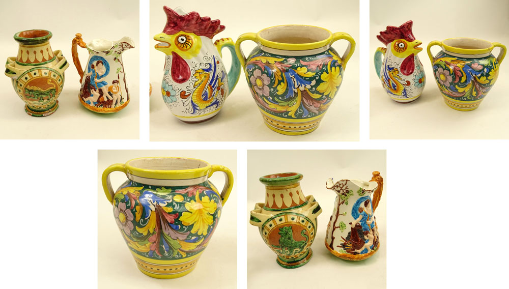 Lot of Five (5) Majolica Pitchers & Urns. Various motifs.