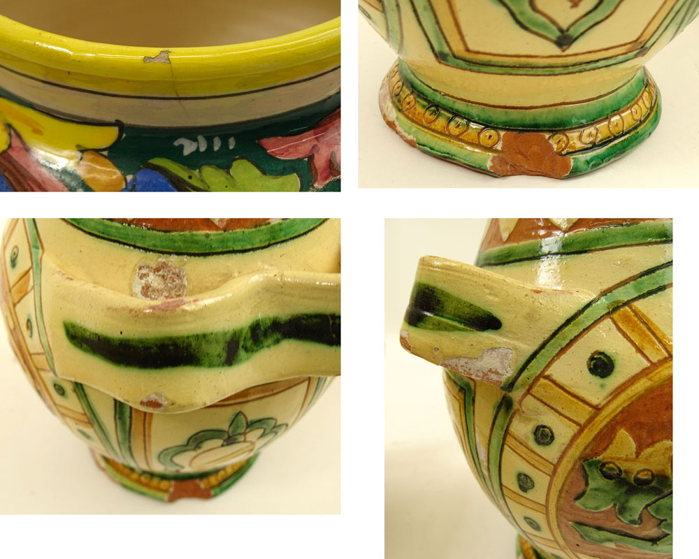 Lot of Five (5) Majolica Pitchers & Urns. Various motifs.