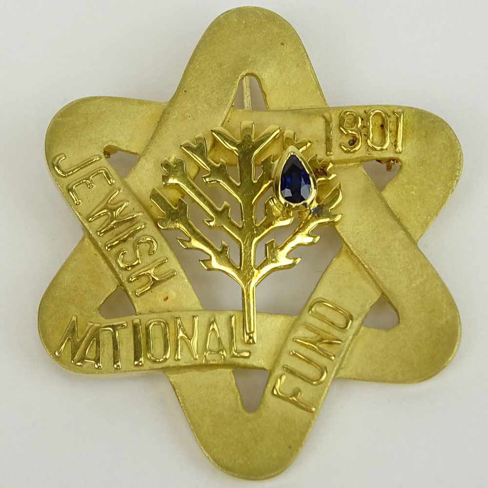 Vintage 14 Karat Yellow Gold Jewish National Fund Star Pendant/Brooch with Sapphire Accent.