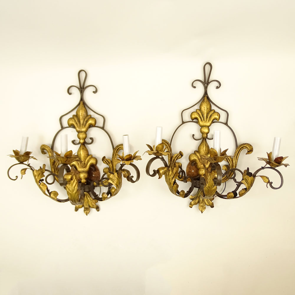 Pair of Early to Mid 20th Century Wrought Iron Three Light Sconces with Gilt Metal Acanthus Leaves and Fleur de Lis.