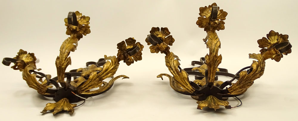 Pair of Early to Mid 20th Century Wrought Iron Three Light Sconces with Gilt Metal Acanthus Leaves and Fleur de Lis.