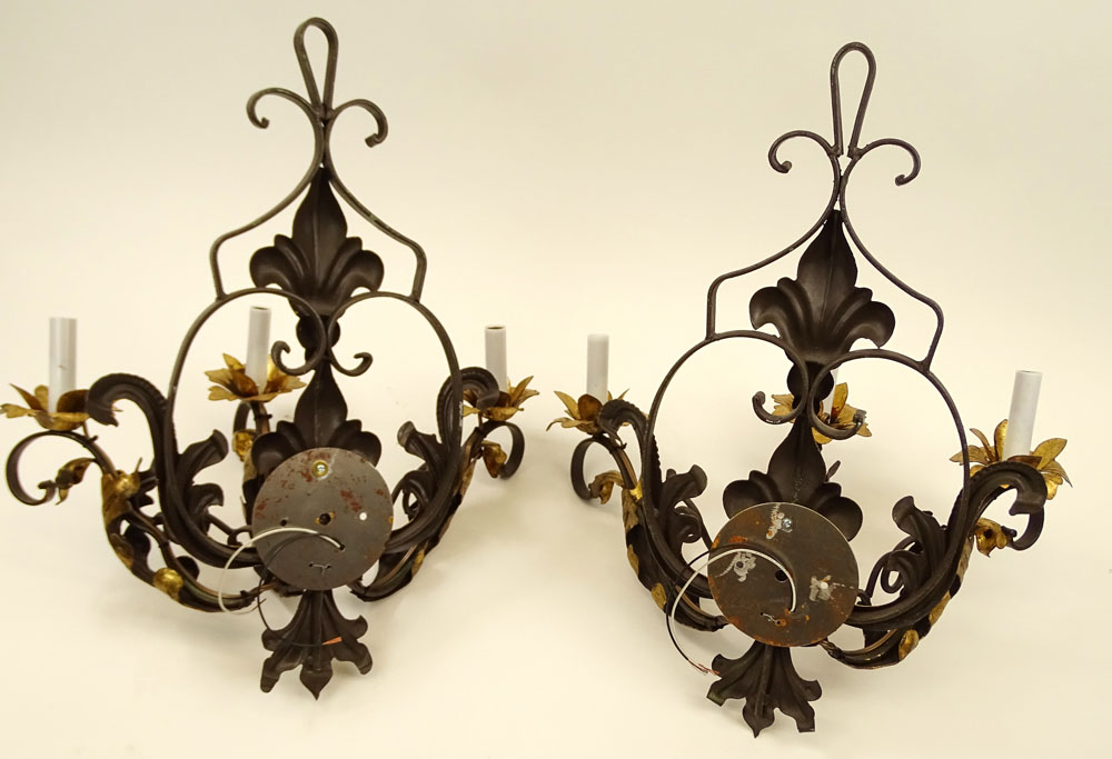 Pair of Early to Mid 20th Century Wrought Iron Three Light Sconces with Gilt Metal Acanthus Leaves and Fleur de Lis.