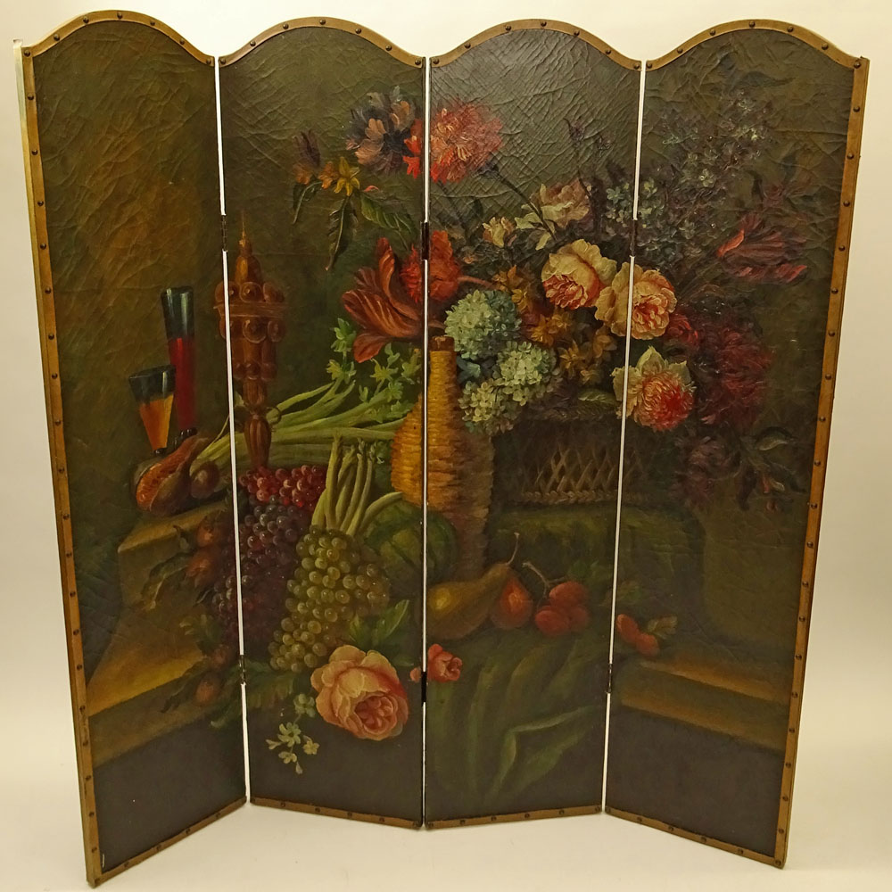 Early 20th Century Italian Hand Painted Canvas on Wood Four Panel Screen.