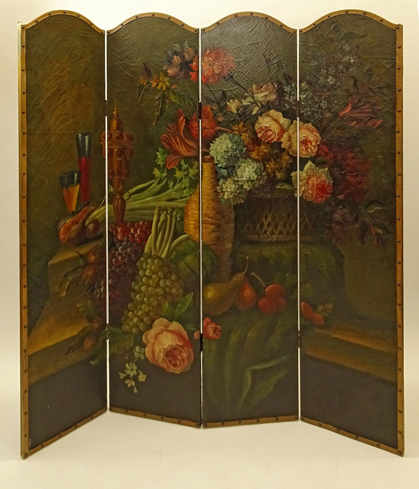 Early 20th Century Italian Hand Painted Canvas on Wood Four Panel Screen.