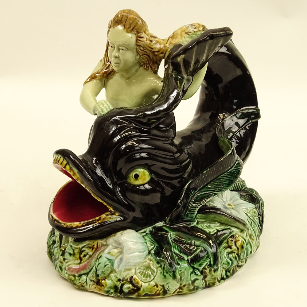 20th Century Majolica Pottery Figurine "Siren And Dolphin". 