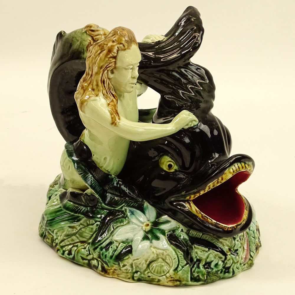 20th Century Majolica Pottery Figurine "Siren And Dolphin". 