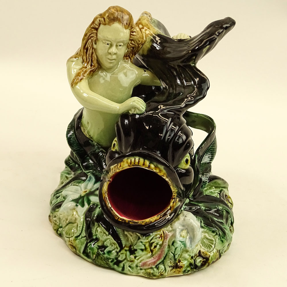 20th Century Majolica Pottery Figurine "Siren And Dolphin". 