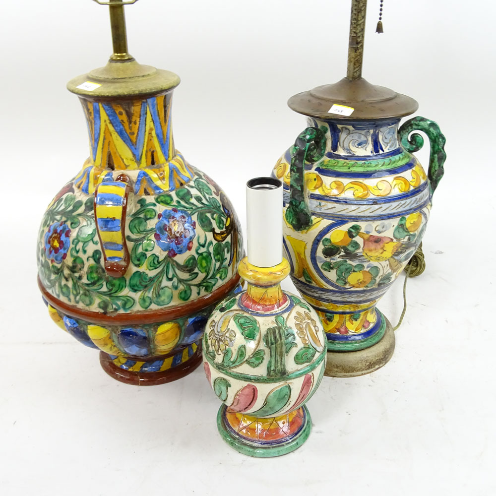 Lot of Three (3) Vintage Italian Majolica Pottery Lamps.