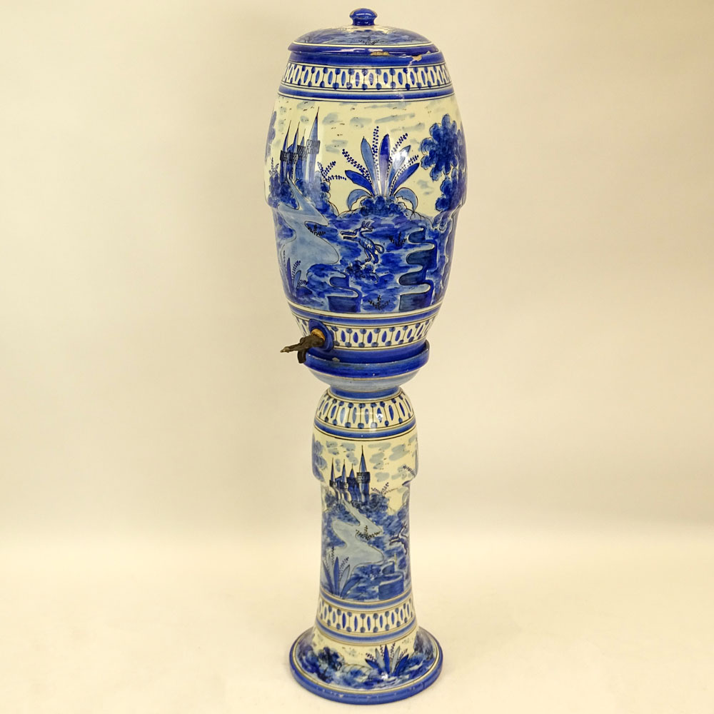 Large Antique Blue & White Covered Pottery Urn With Spigot On Stand.