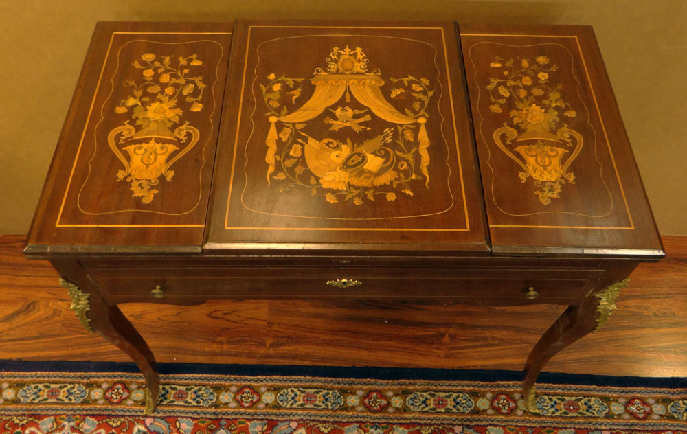 Early 20th Century Inlaid Mahogany Lady's Vanity with Cast Metal Mounts.