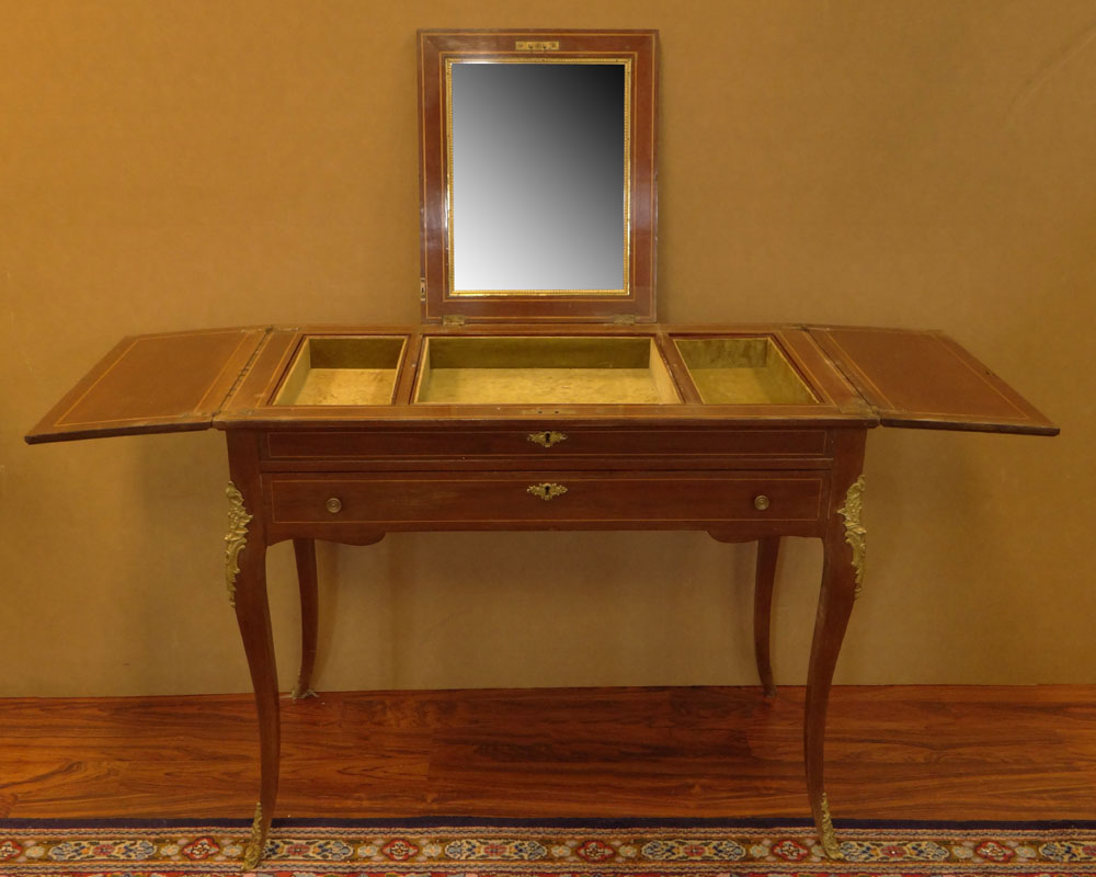 Early 20th Century Inlaid Mahogany Lady's Vanity with Cast Metal Mounts.