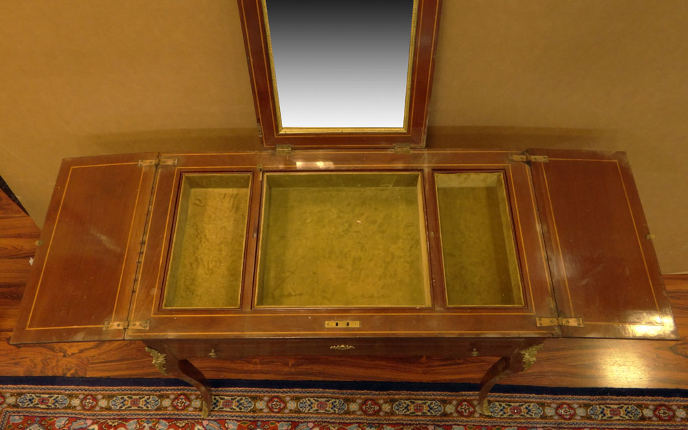 Early 20th Century Inlaid Mahogany Lady's Vanity with Cast Metal Mounts.