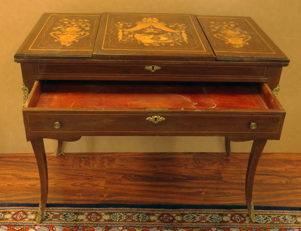 Early 20th Century Inlaid Mahogany Lady's Vanity with Cast Metal Mounts.