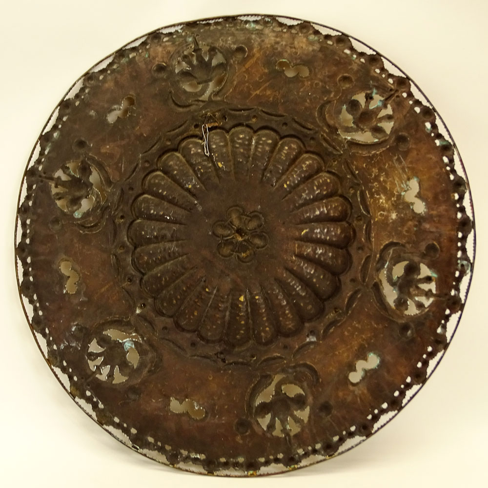 Large Moroccan Brass Pierced and Hammered Wall Hanging, possibly either the top or bottom of a brazier. 