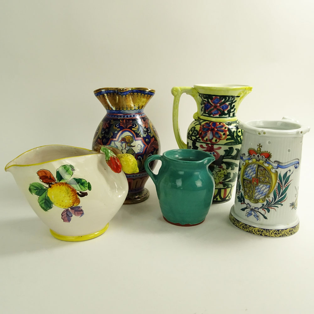 Lot of Five (5) Vintage Italian Majolica Pitchers.