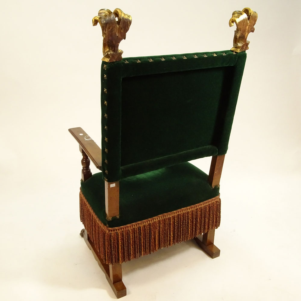 19th Century Italian Renaissance Style Walnut Armchair with Carved and Giltwood Finials.