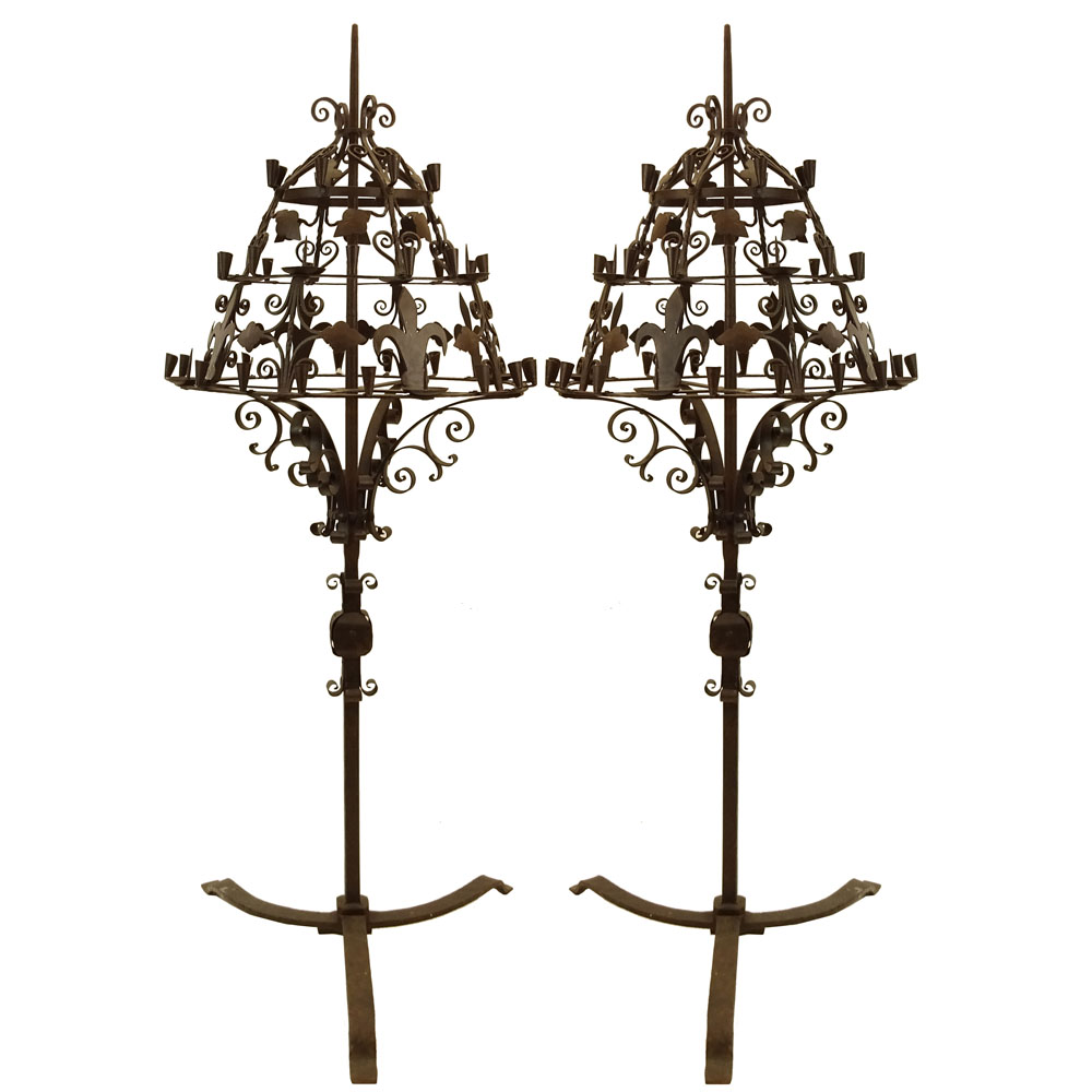 Pair of Large and Heavy 18th Century Wrought Iron Candelabra.