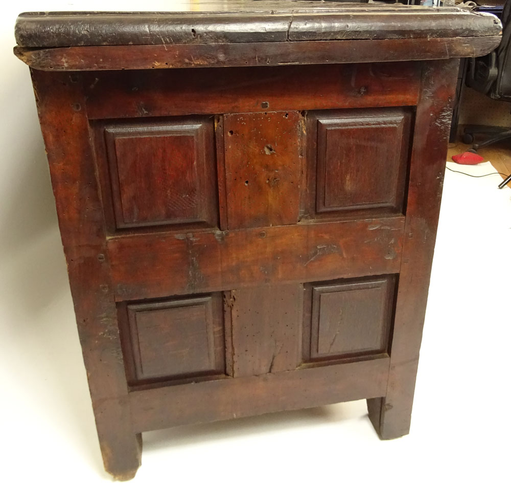 Large and Heavy 18th Century Italian Carved Walnut Trunk With Wrought Iron Hardware.