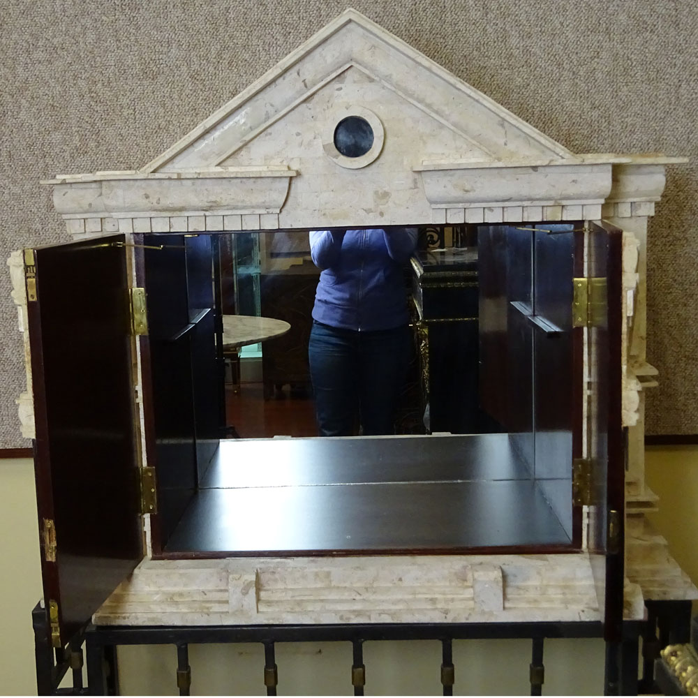 Vintage Limestone and Marble Veneer Bar Cabinet on Iron Stand.