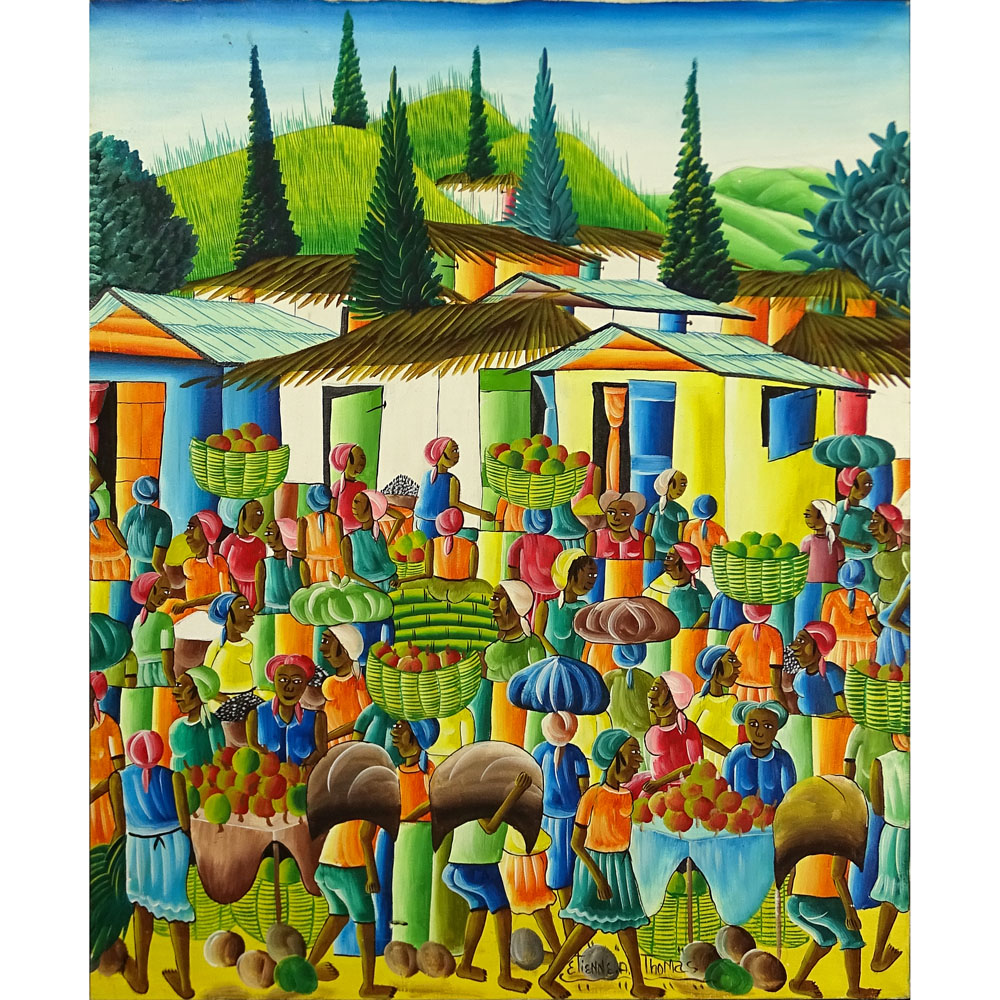 Etienne A. Thomas, Haitian (20th C) Oil on canvas "Haitian Marketplace" 