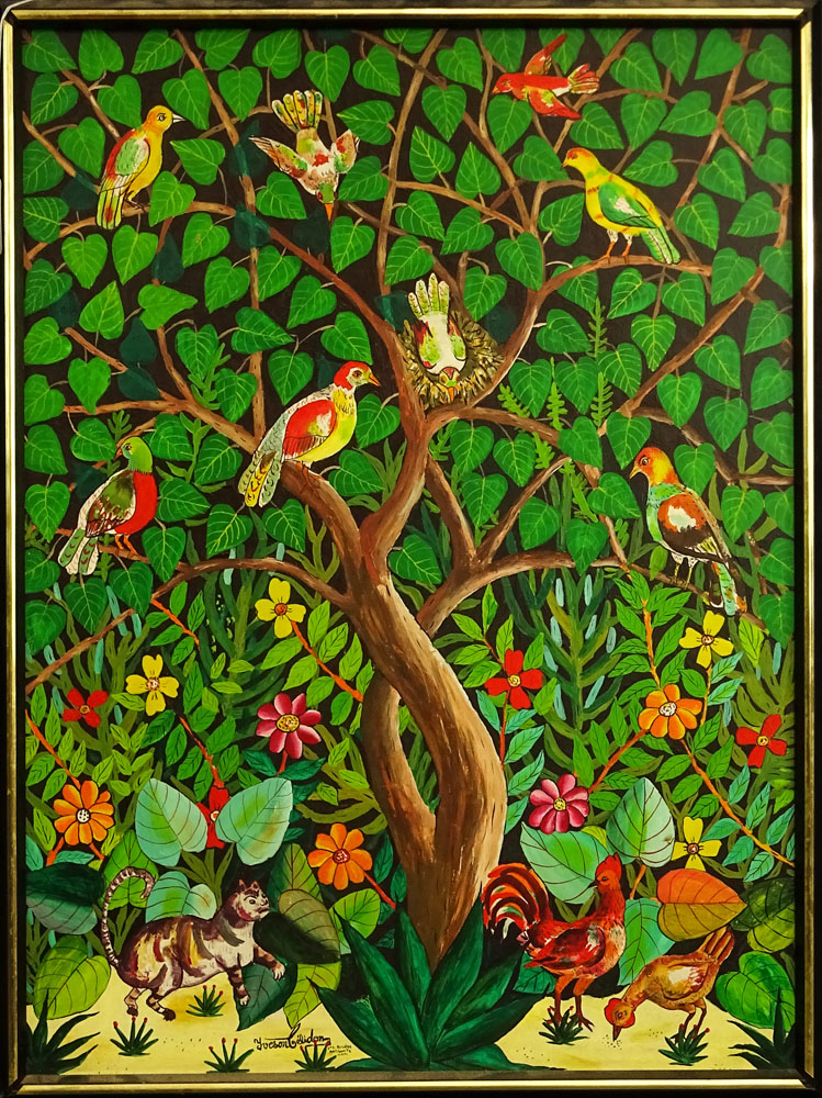 Yveson Celidon, Haitian (20th C) Oil on masonite "Tree With Birds".