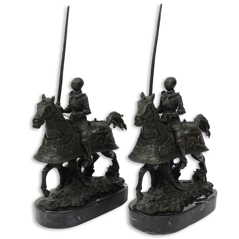 Pair of 20th Century Bronze Sculptures on Marble Bases, Knights in Armor on Horseback.