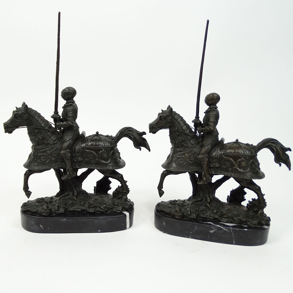 Pair of 20th Century Bronze Sculptures on Marble Bases, Knights in Armor on Horseback.