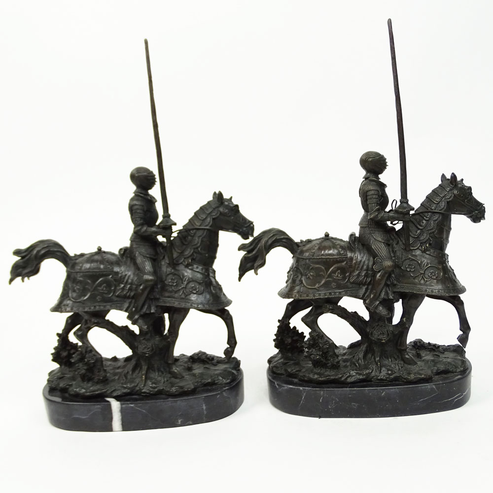 Pair of 20th Century Bronze Sculptures on Marble Bases, Knights in Armor on Horseback.