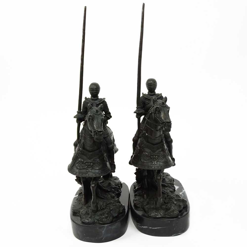 Pair of 20th Century Bronze Sculptures on Marble Bases, Knights in Armor on Horseback.