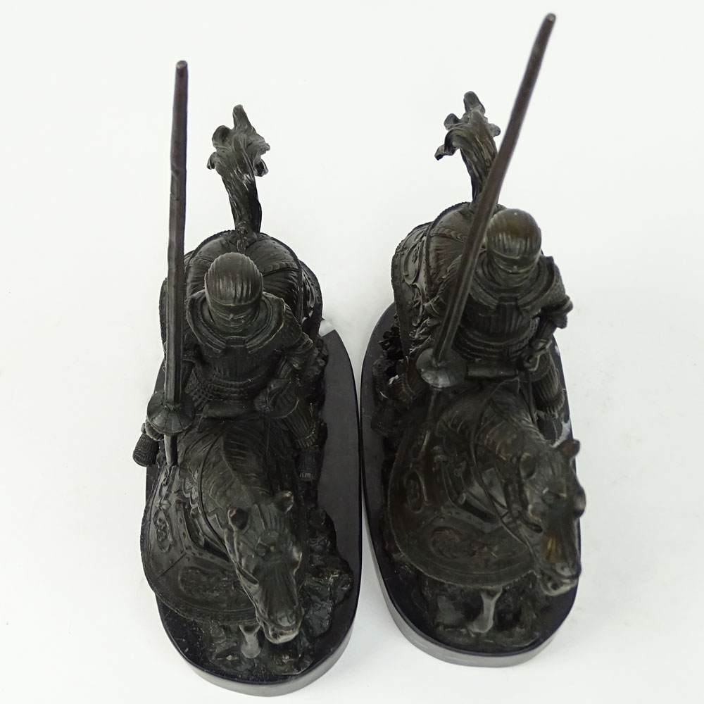 Pair of 20th Century Bronze Sculptures on Marble Bases, Knights in Armor on Horseback.