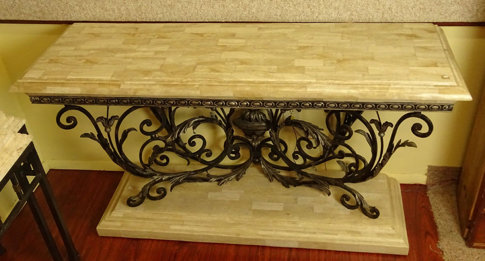 Large Contemporary Faux Marble and Iron Console.