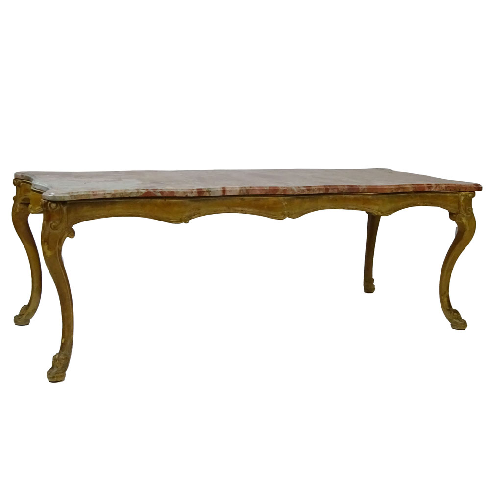 Early to Mid 20th Century Italian Carved and Distressed Wood Coffee Table With Rouge Marble Top.