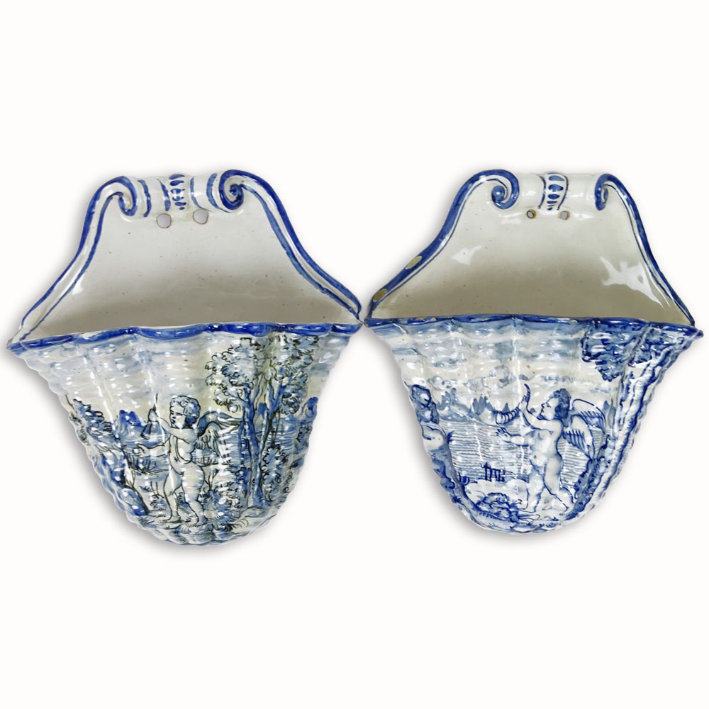 Pair of Italian Blue & White Majolica Wall Pockets.