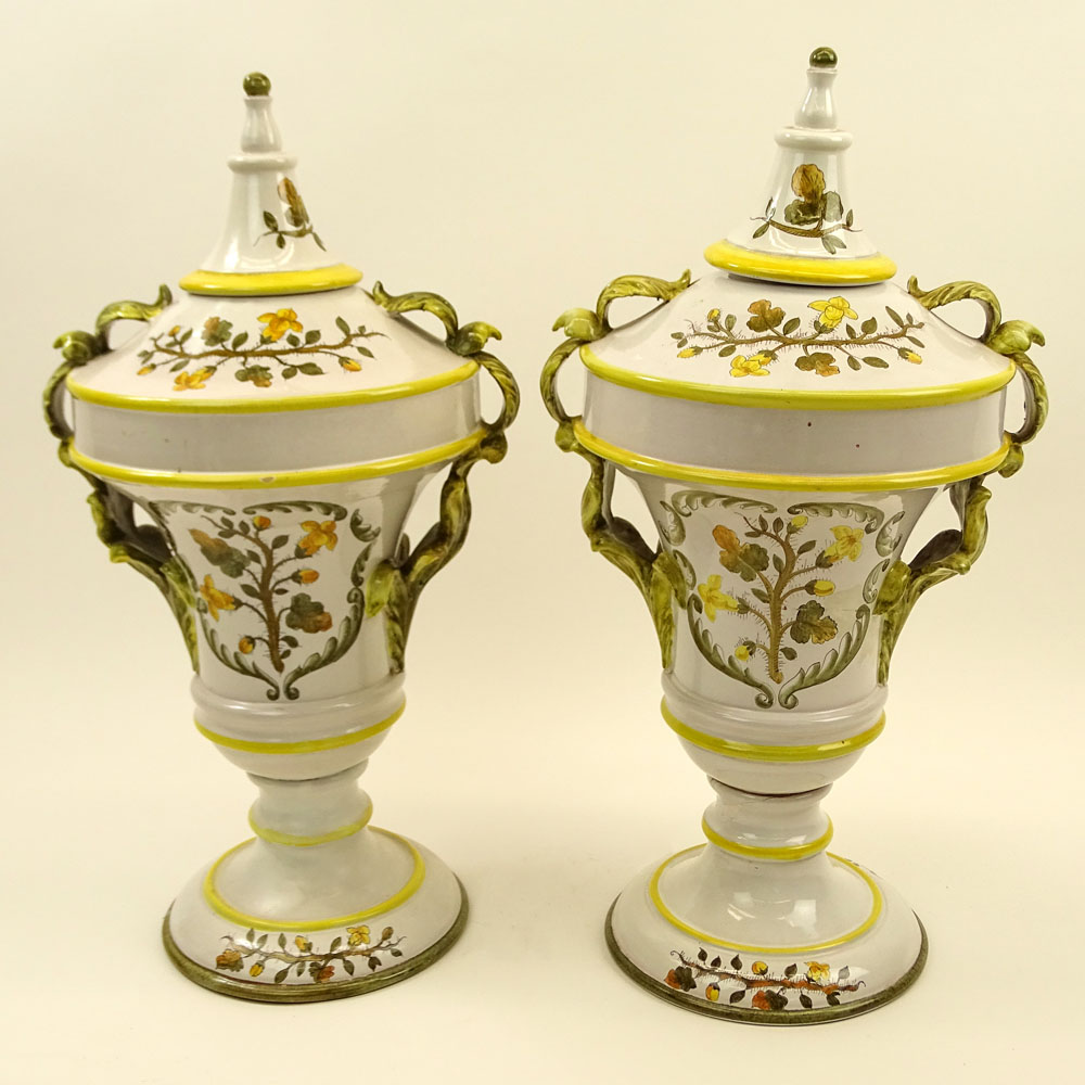 Pair of Large Italian Majolica Handled Urns. Hand painted Floral Motif.