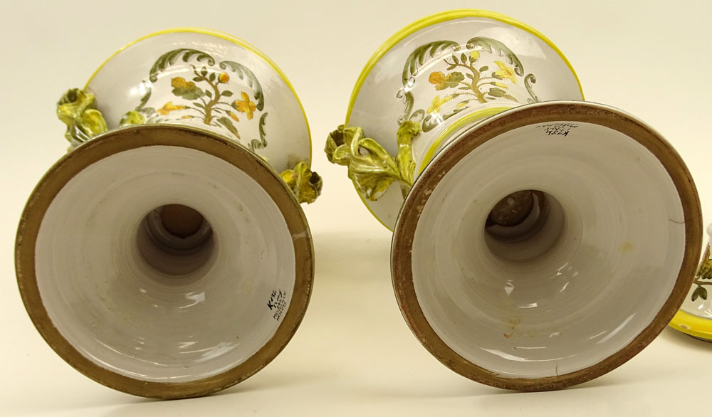 Pair of Large Italian Majolica Handled Urns. Hand painted Floral Motif.