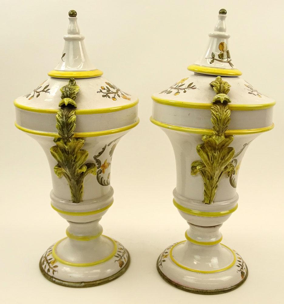 Pair of Large Italian Majolica Handled Urns. Hand painted Floral Motif.