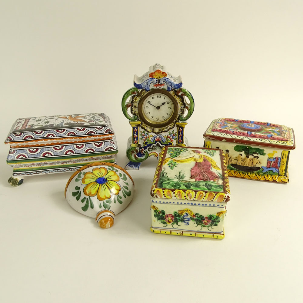 Lot of Five (5) Pieces Vintage Italian and Portuguese Majolica. Includes 3 boxes, small clock, small wall pocket. 