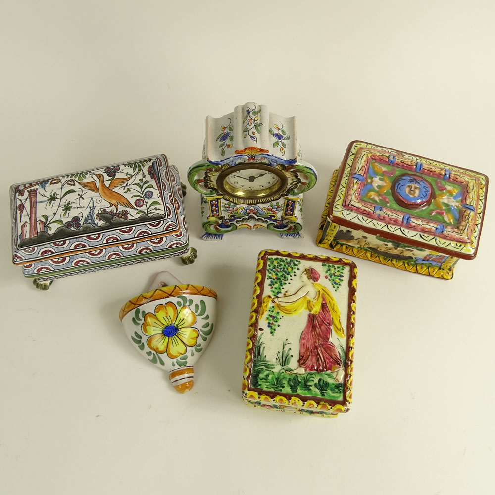 Lot of Five (5) Pieces Vintage Italian and Portuguese Majolica. Includes 3 boxes, small clock, small wall pocket. 