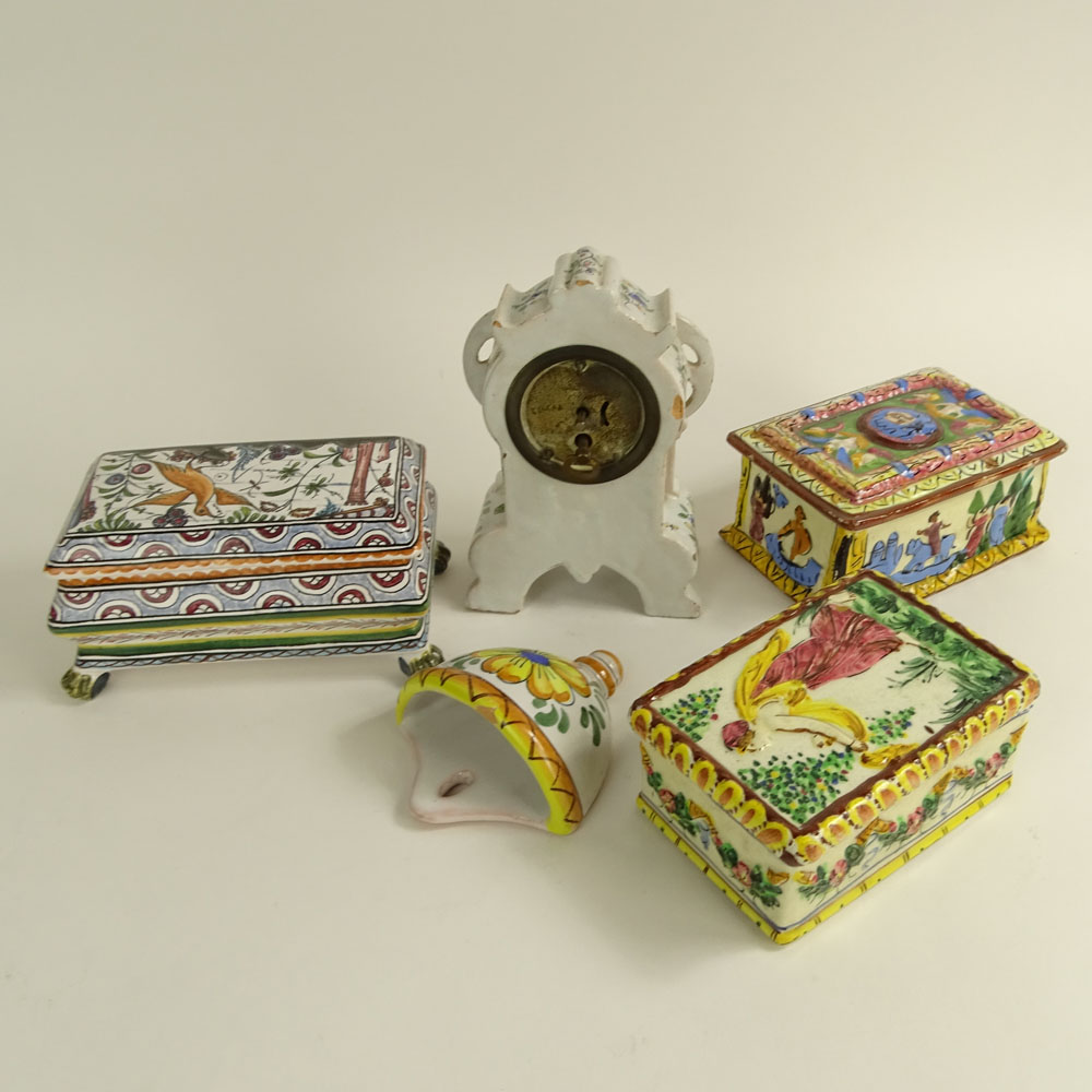 Lot of Five (5) Pieces Vintage Italian and Portuguese Majolica. Includes 3 boxes, small clock, small wall pocket. 