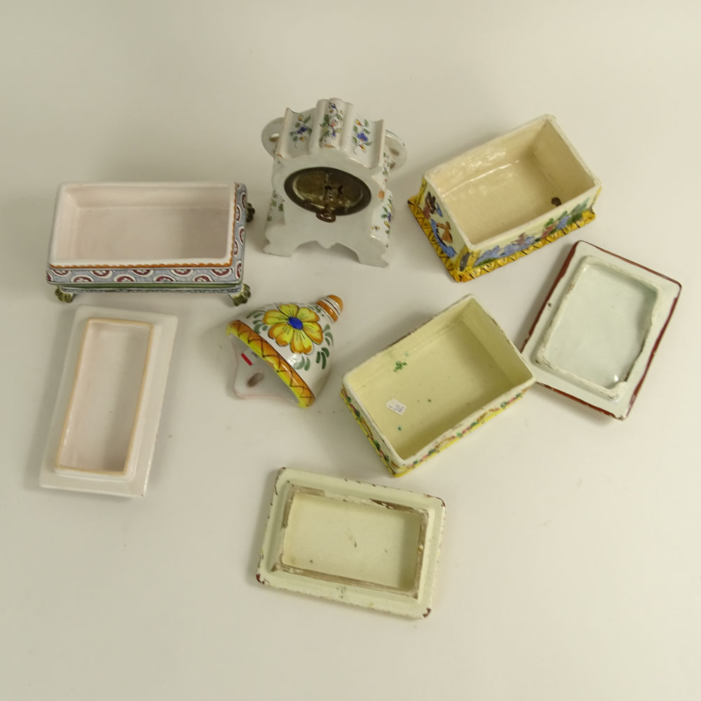 Lot of Five (5) Pieces Vintage Italian and Portuguese Majolica. Includes 3 boxes, small clock, small wall pocket. 