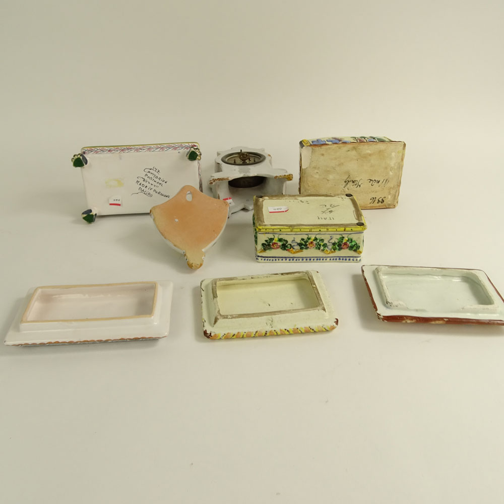 Lot of Five (5) Pieces Vintage Italian and Portuguese Majolica. Includes 3 boxes, small clock, small wall pocket. 