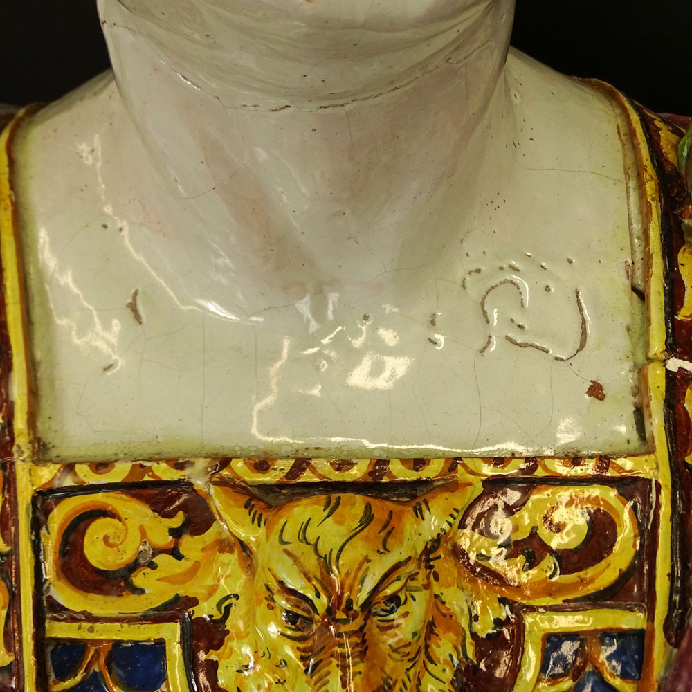 Monumental 19/20th Century Italian Majolica Figural Bust of Emperor Octavius on Socle.