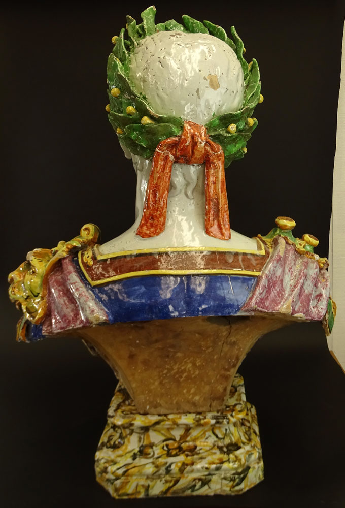 Monumental 19/20th Century Italian Majolica Figural Bust of Emperor Octavius on Socle.