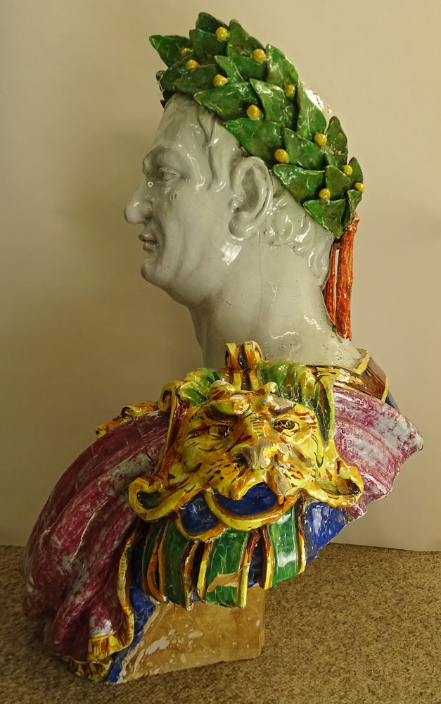 Monumental 19/20th Century Italian Majolica Figural Bust of Emperor Octavius on Socle.