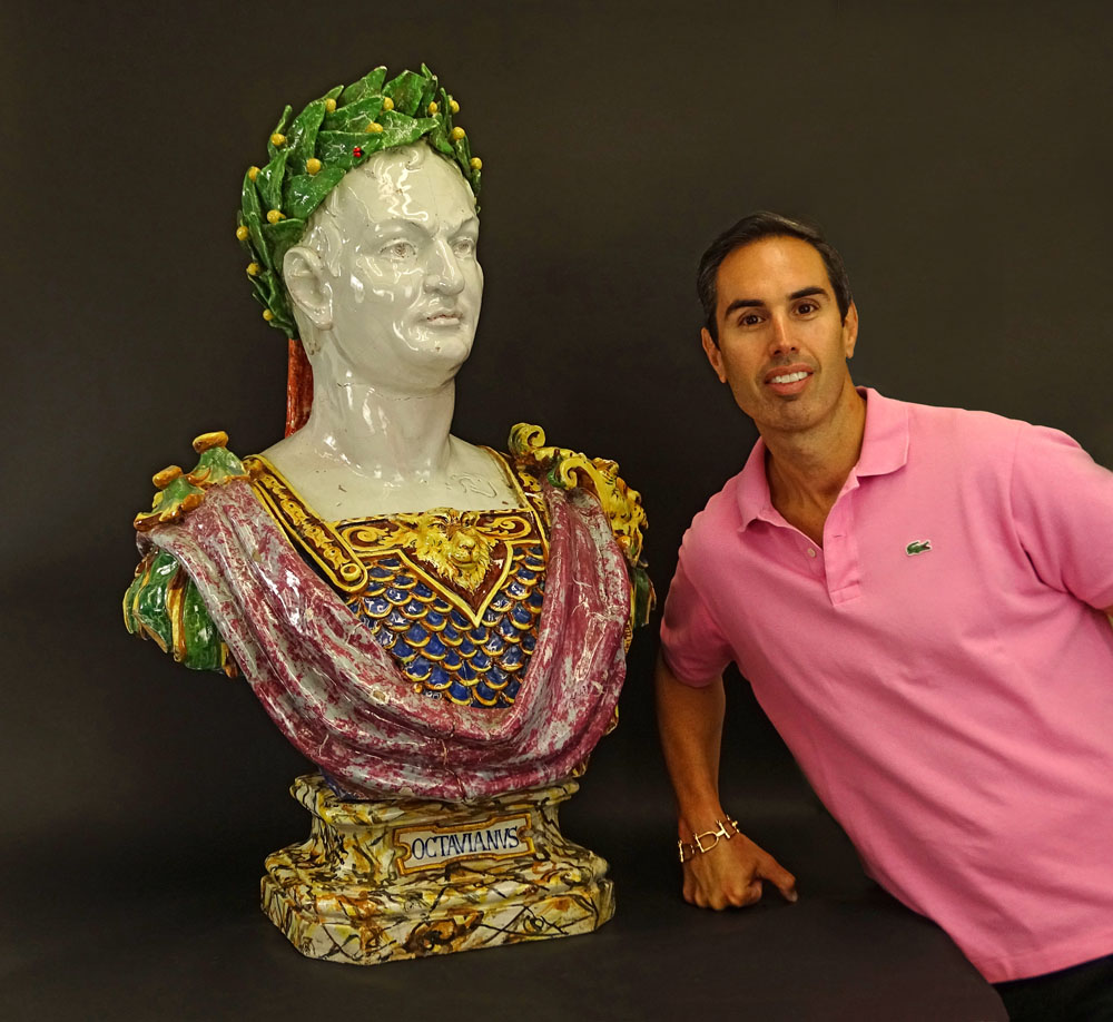 Monumental 19/20th Century Italian Majolica Figural Bust of Emperor Octavius on Socle.