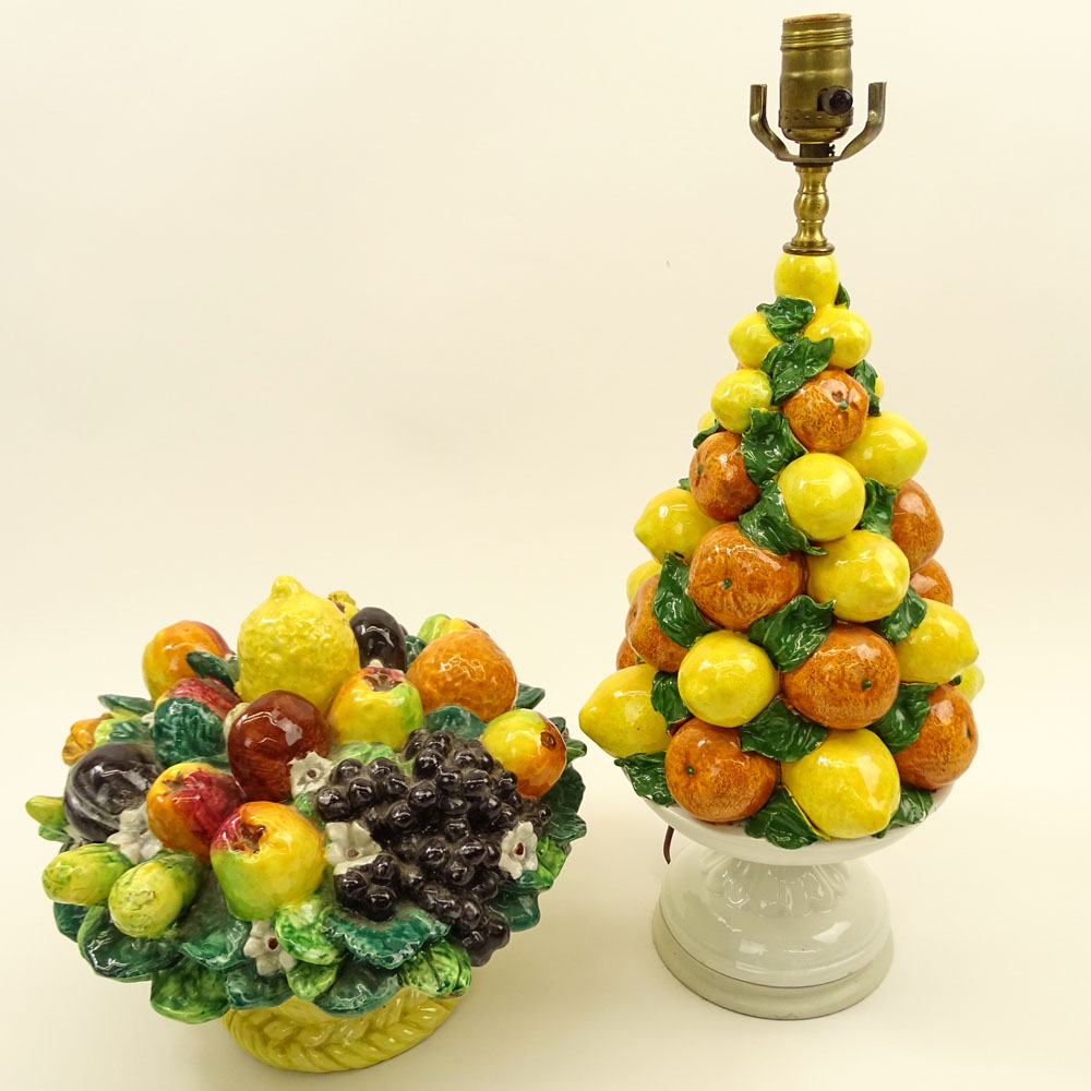 Two Pieces Italian Majolica Fruit Topiary Lamp and Covered Bowl.