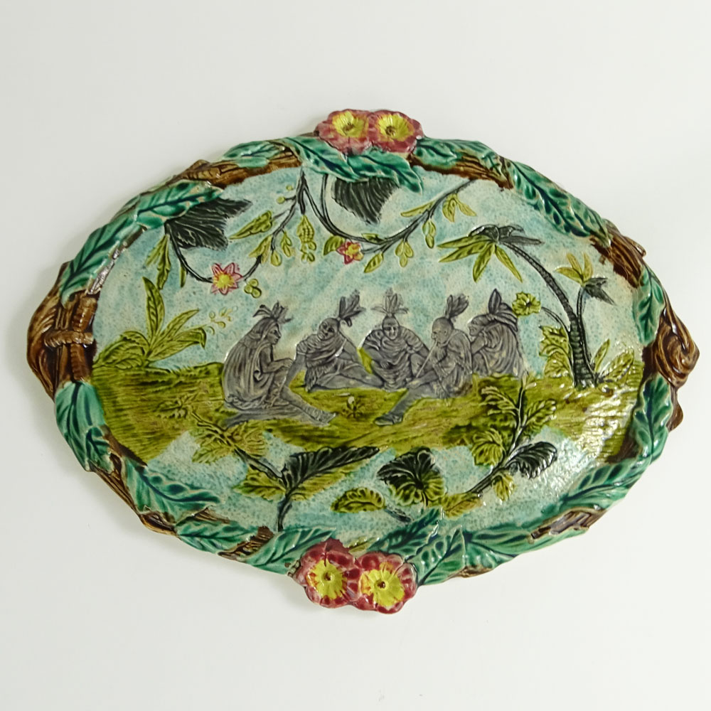 Antique Majolica Pottery Plaque Featuring  Indian Motif.