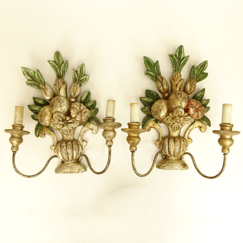 Pair of Italian Mid 20th Century Painted Carved Wood Two Light Wall Sconces.