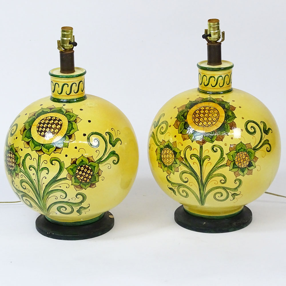 Large Pair of Mid 20th Century Majolica Lamps With Sunflower Motif.