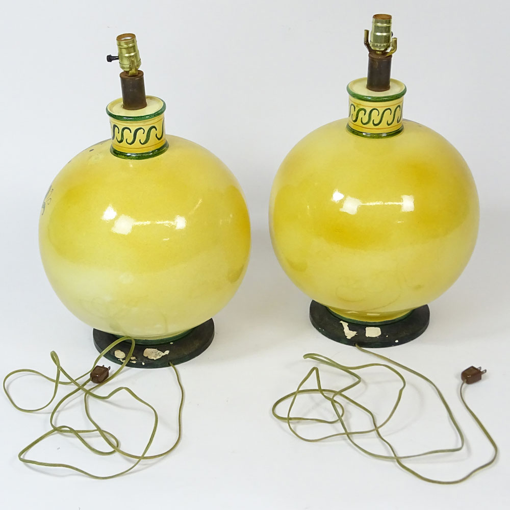 Large Pair of Mid 20th Century Majolica Lamps With Sunflower Motif.